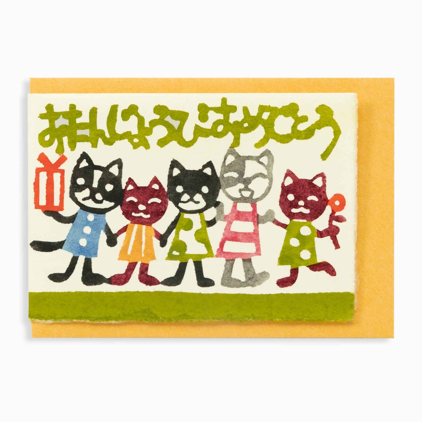 型染メッセージカード M062　キャッツフレンズ 緑